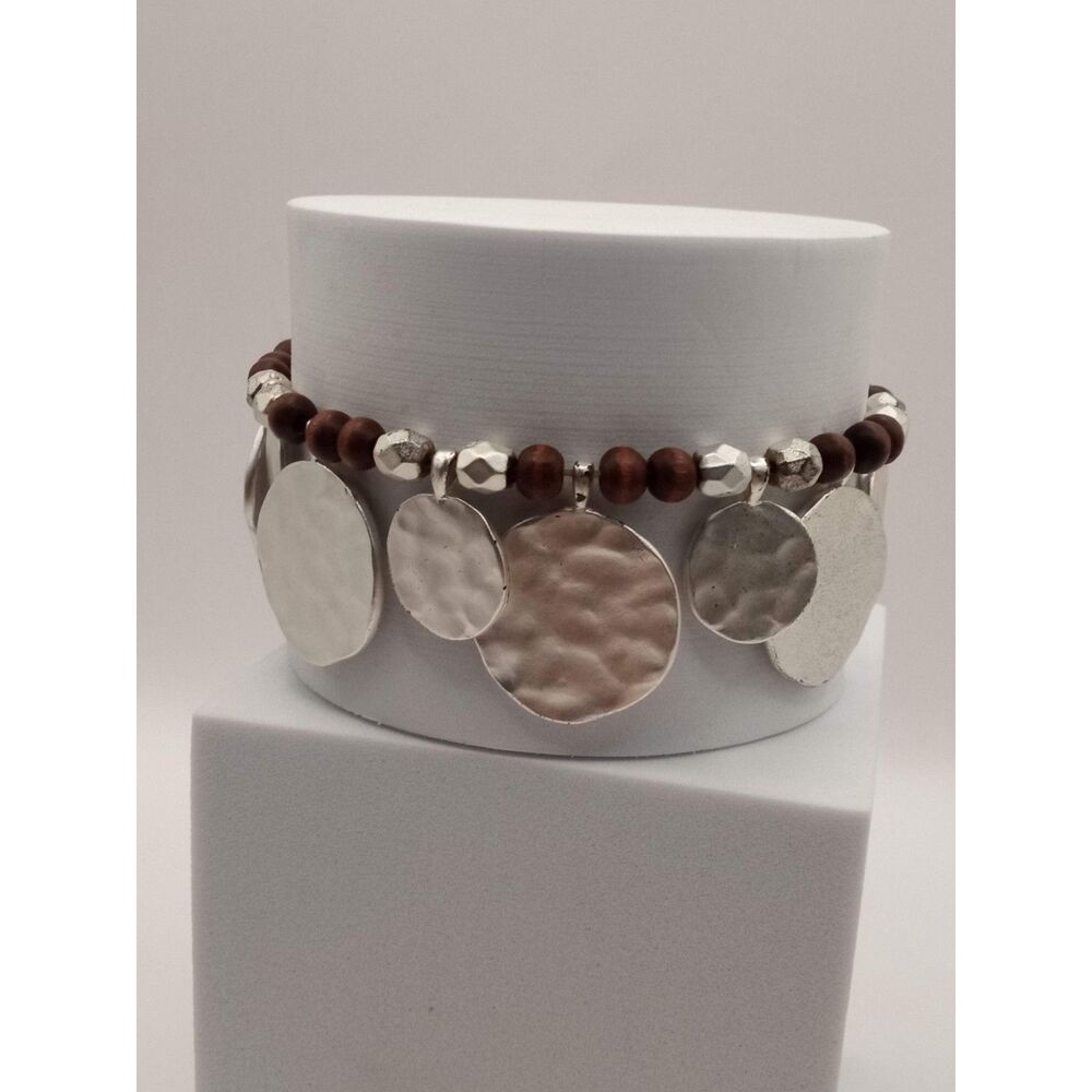 Vintage Coin Charm and Wood Bead Silver Tone and Brown Bracelet